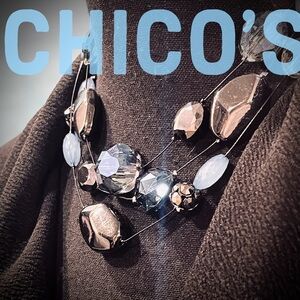 Chico’s Blue Stone Rhinestone Statement Necklace Gunmetal Black